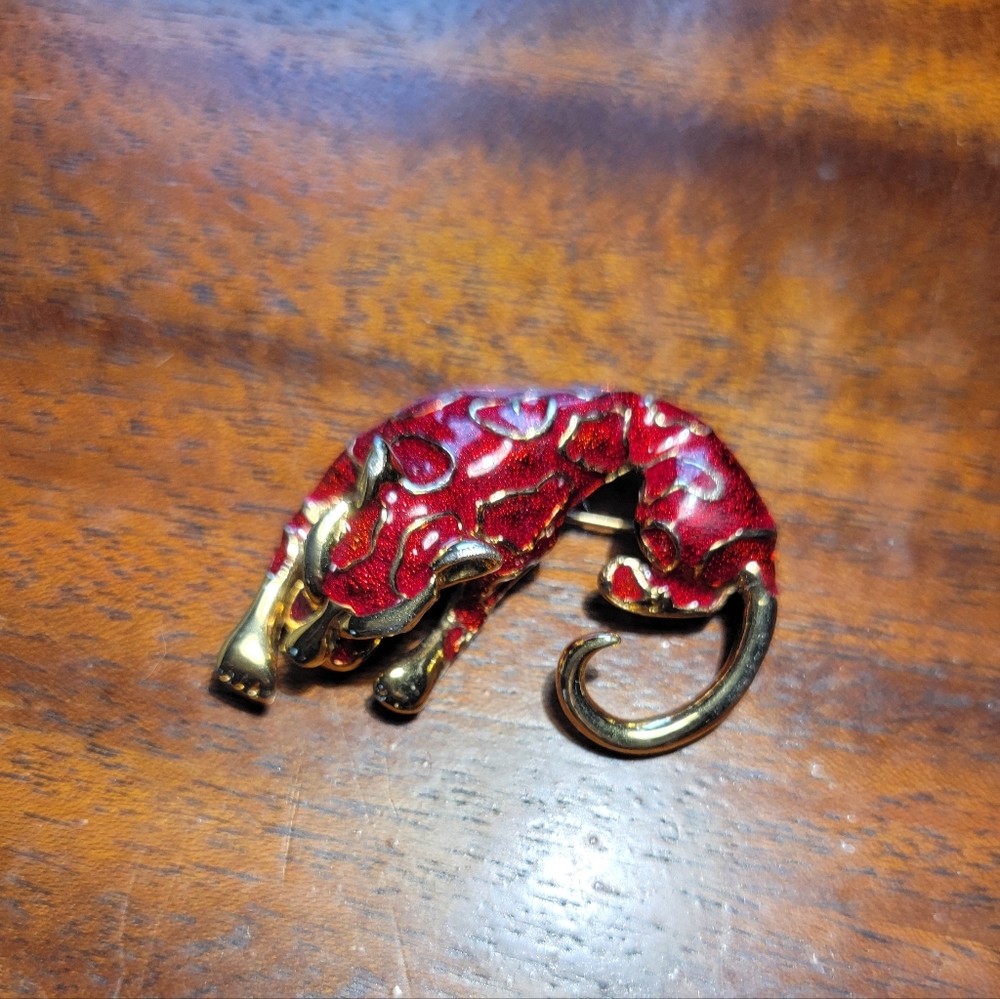 Gold-Tone Red Enamel Panther Brooch - Women Jewelry Brooches